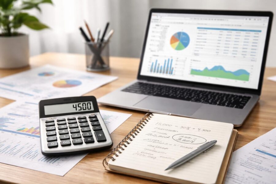 Mesa de escritório com calculadora, caderno com anotações e laptop mostrando planilha, representando análise financeira.