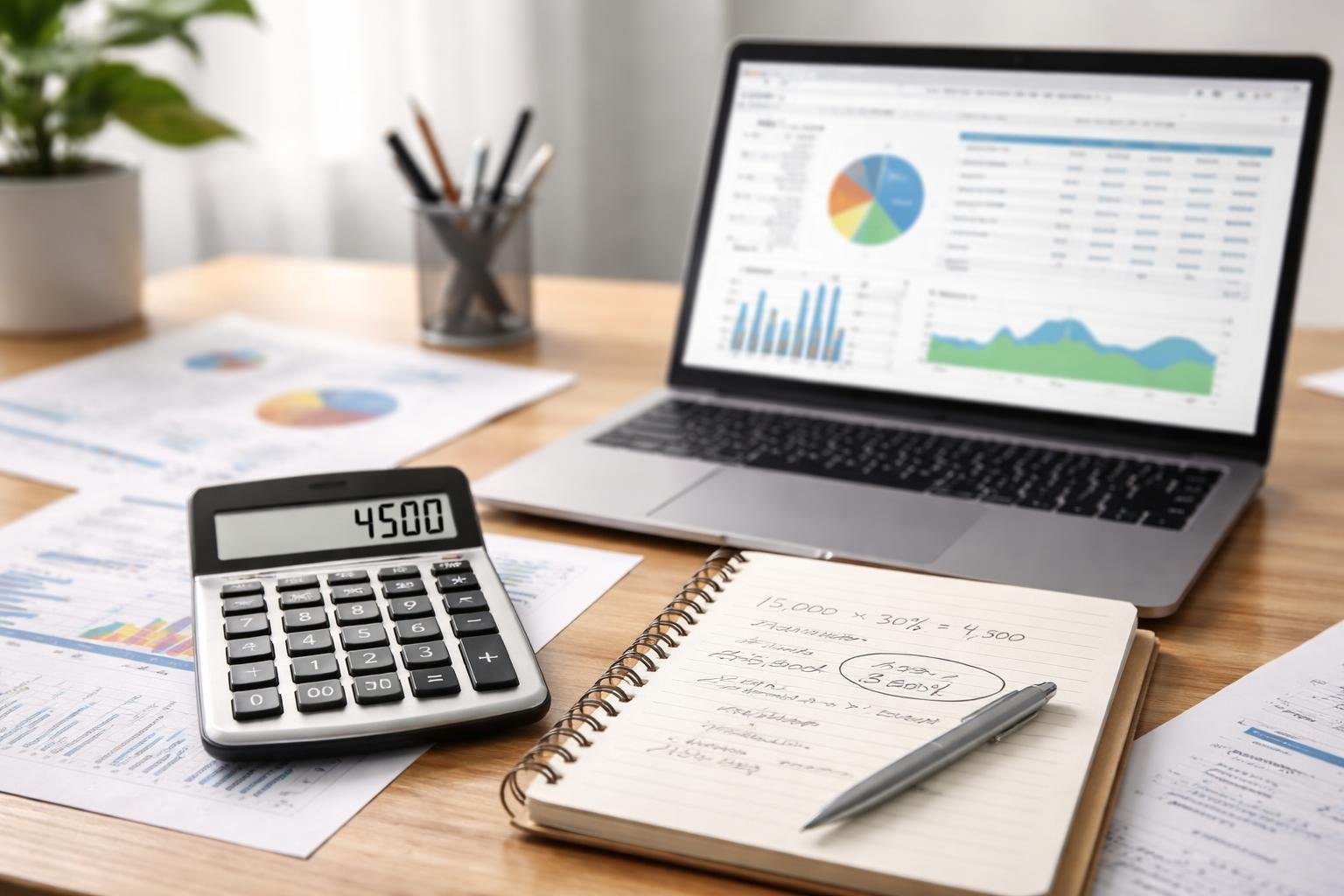 Mesa de escritório com calculadora, caderno com anotações e laptop mostrando planilha, representando análise financeira.