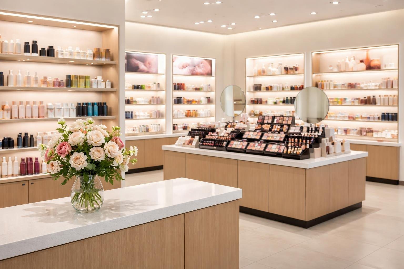 Interior de uma loja de cosméticos moderna com prateleiras organizadas cheias de produtos de beleza e um balcão com flores.