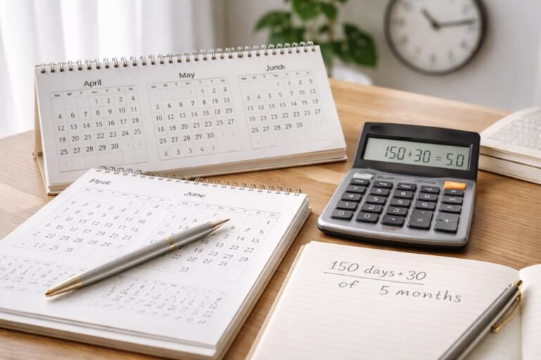Mesa com calendário aberto, calculadora e caderno com anotações, representando cálculo de tempo.