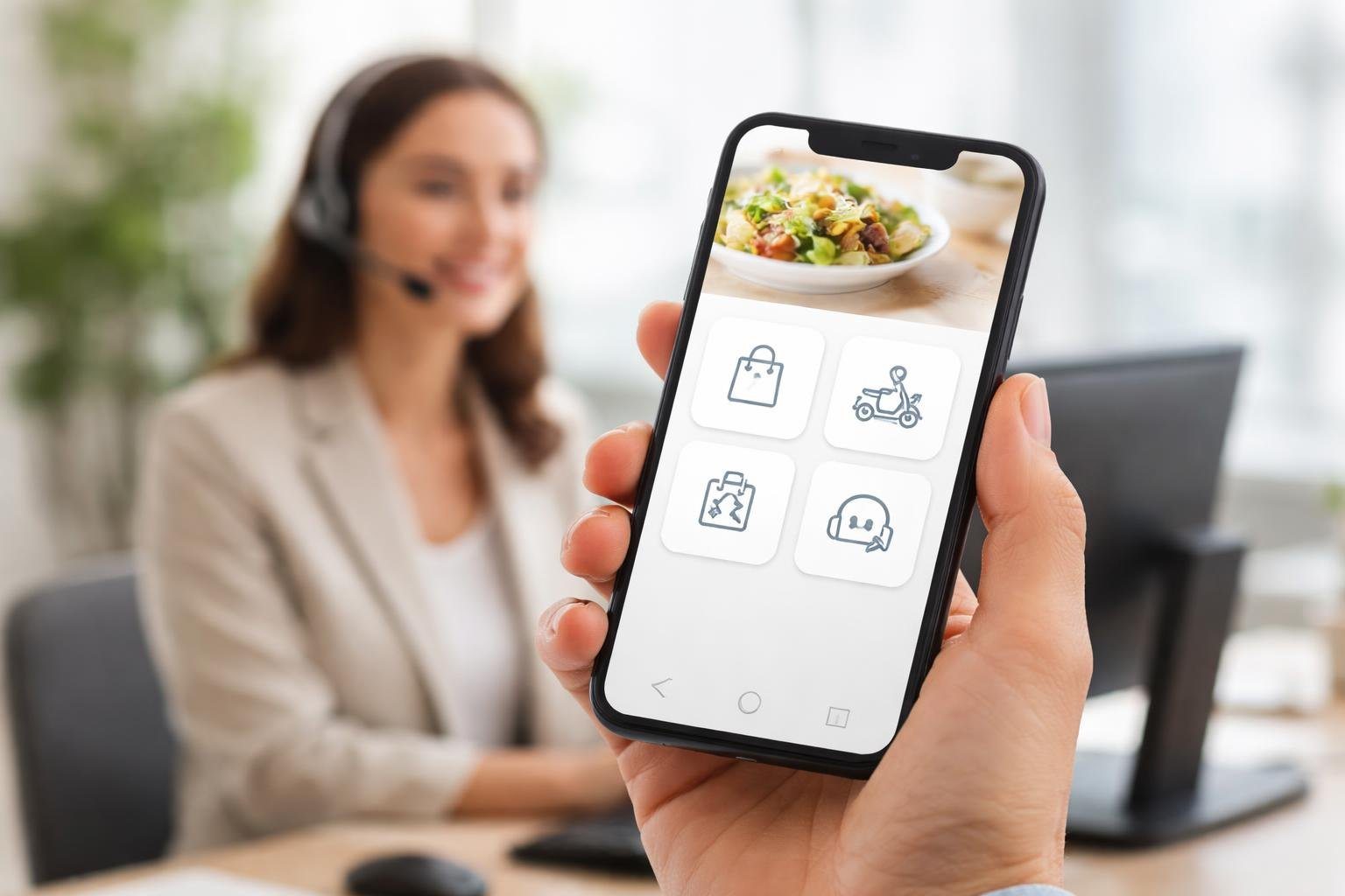Pessoa segurando um smartphone com interface de aplicativo de entrega de comida, com um atendente ao fundo em um escritório de suporte ao cliente.