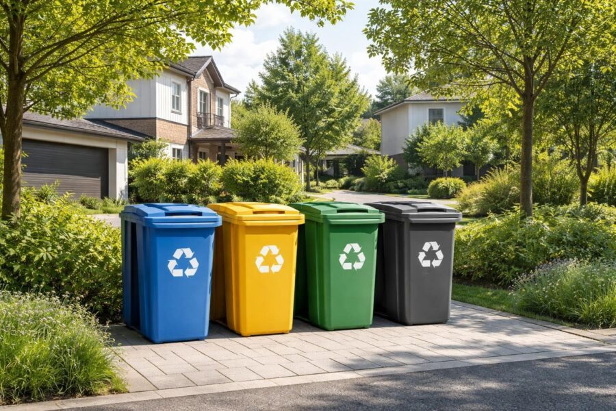 Estações de reciclagem organizadas próximas a casas em um bairro residencial com árvores e área verde ao redor.