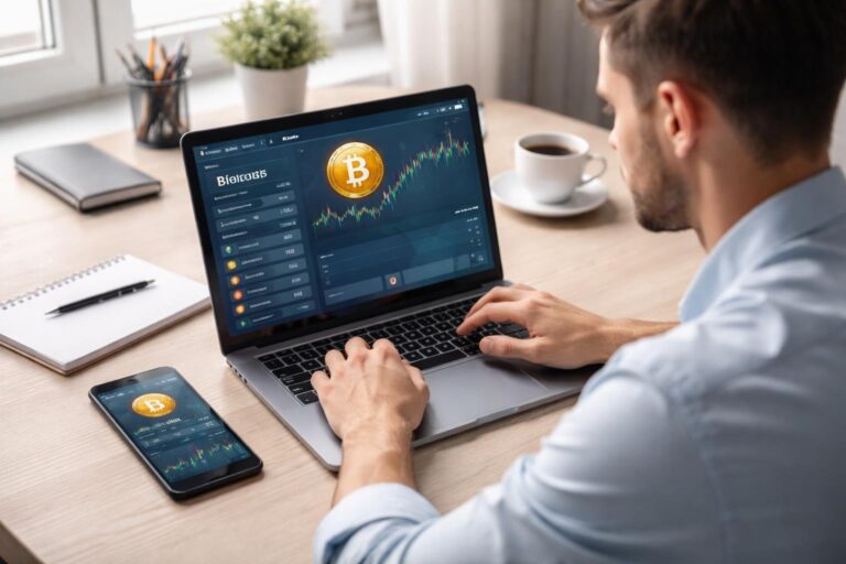 Pessoa sentada em uma mesa moderna olhando para a tela de um laptop que mostra uma carteira digital de criptomoedas com símbolos de Bitcoin.
