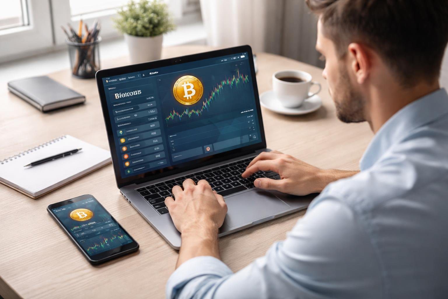 Pessoa sentada em uma mesa moderna olhando para a tela de um laptop que mostra uma carteira digital de criptomoedas com símbolos de Bitcoin.