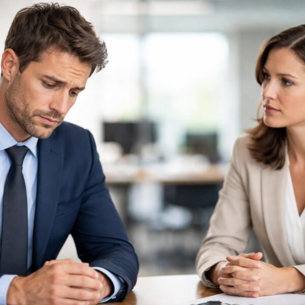 Um homem orgulhoso aparenta estar magoado e desapontado enquanto uma mulher mantém uma postura calma e assertiva em um escritório moderno.