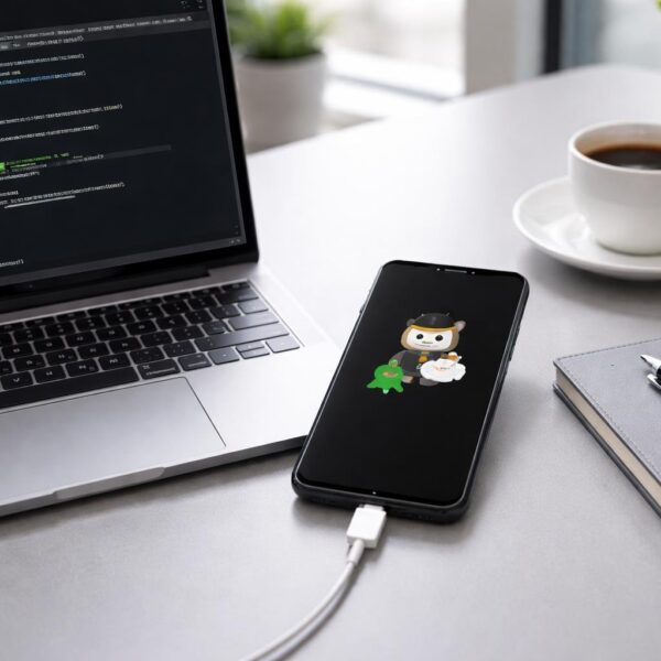 Um smartphone Xiaomi em modo fastboot sobre uma mesa de trabalho com um laptop mostrando uma interface de linha de comando, cercados por itens de escritório.