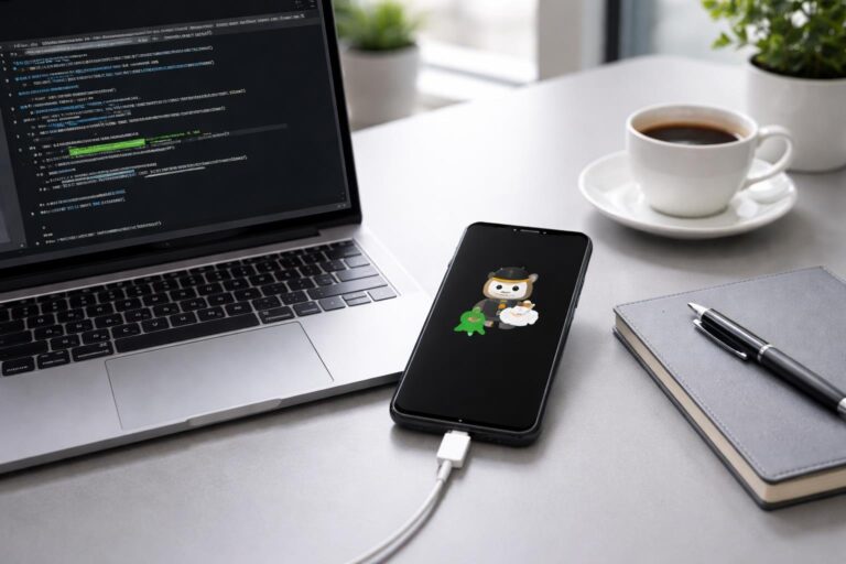 Um smartphone Xiaomi em modo fastboot sobre uma mesa de trabalho com um laptop mostrando uma interface de linha de comando, cercados por itens de escritório.