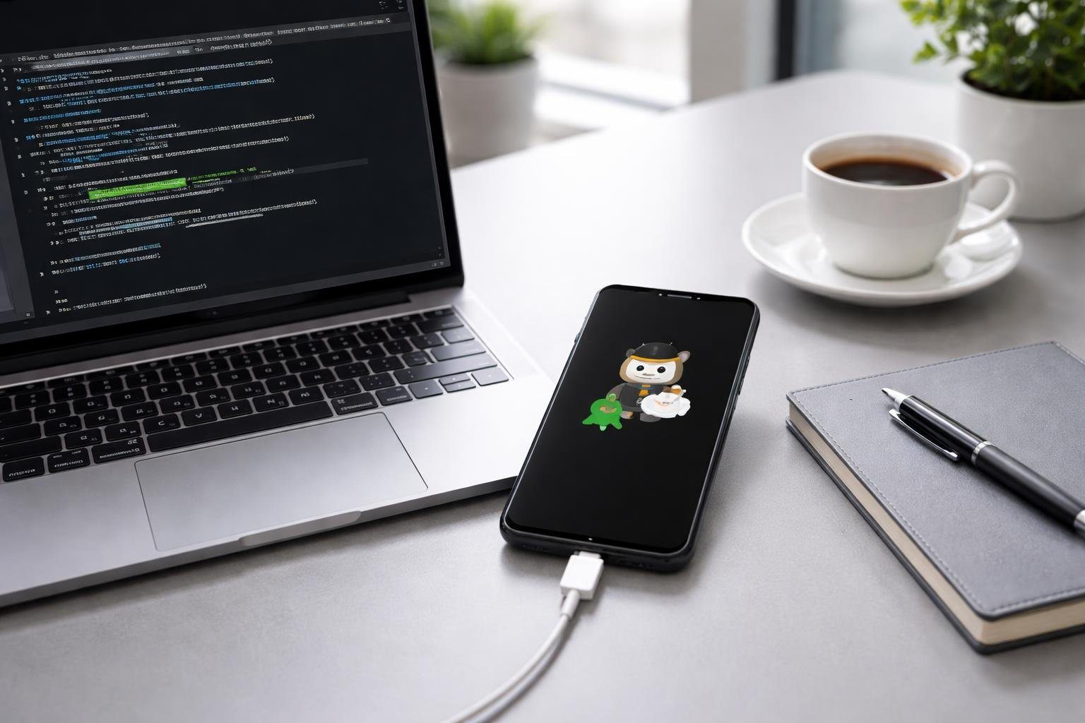 Um smartphone Xiaomi em modo fastboot sobre uma mesa de trabalho com um laptop mostrando uma interface de linha de comando, cercados por itens de escritório.
