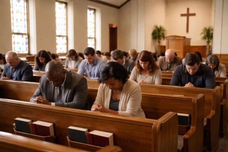 Pessoas sentadas em bancos de igreja Batista, em oração e ambiente simples e reverente.
