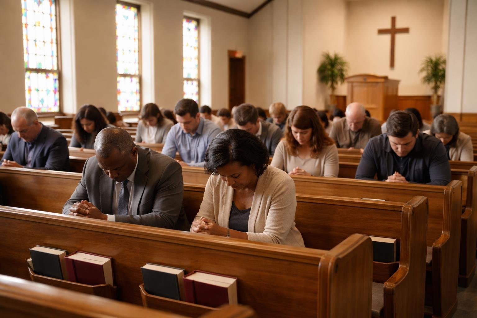 Pessoas sentadas em bancos de igreja Batista, em oração e ambiente simples e reverente.