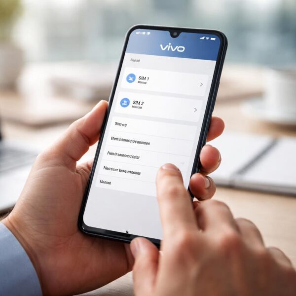 Pessoa segurando um smartphone mostrando configurações de rede móvel, com ambiente de escritório ao fundo.