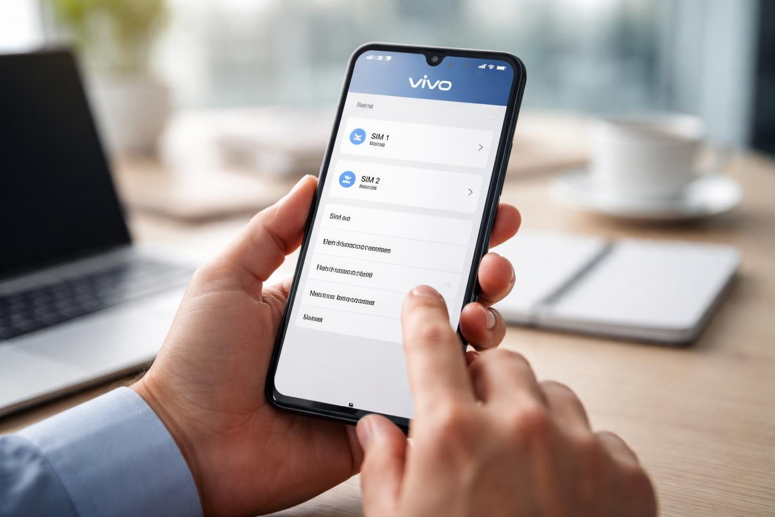Pessoa segurando um smartphone mostrando configurações de rede móvel, com ambiente de escritório ao fundo.