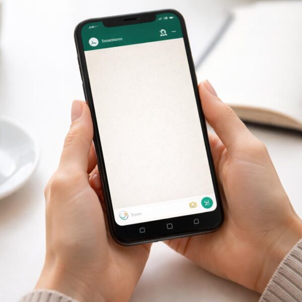 Pessoa segurando um smartphone com a tela do WhatsApp aberta, em uma mesa com itens de escritório ao fundo.