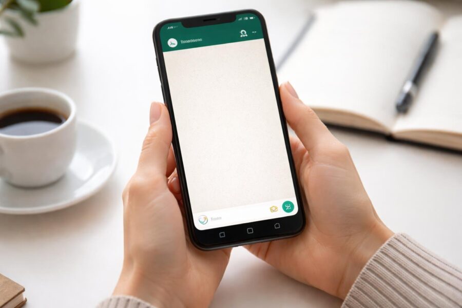 Pessoa segurando um smartphone com a tela do WhatsApp aberta, em uma mesa com itens de escritório ao fundo.