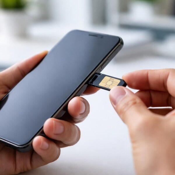 Pessoa segurando um smartphone com a bandeja do chip parcialmente ejetada, prestes a inserir ou remover o chip.