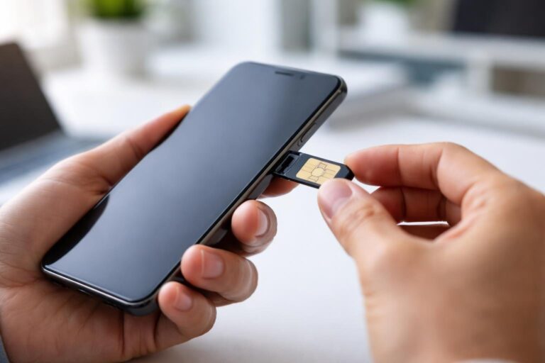 Pessoa segurando um smartphone com a bandeja do chip parcialmente ejetada, prestes a inserir ou remover o chip.