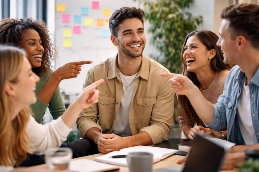 Um grupo de jovens adultos em um escritório moderno, conversando e sorrindo enquanto criam apelidos para um homem chamado Gabriel.