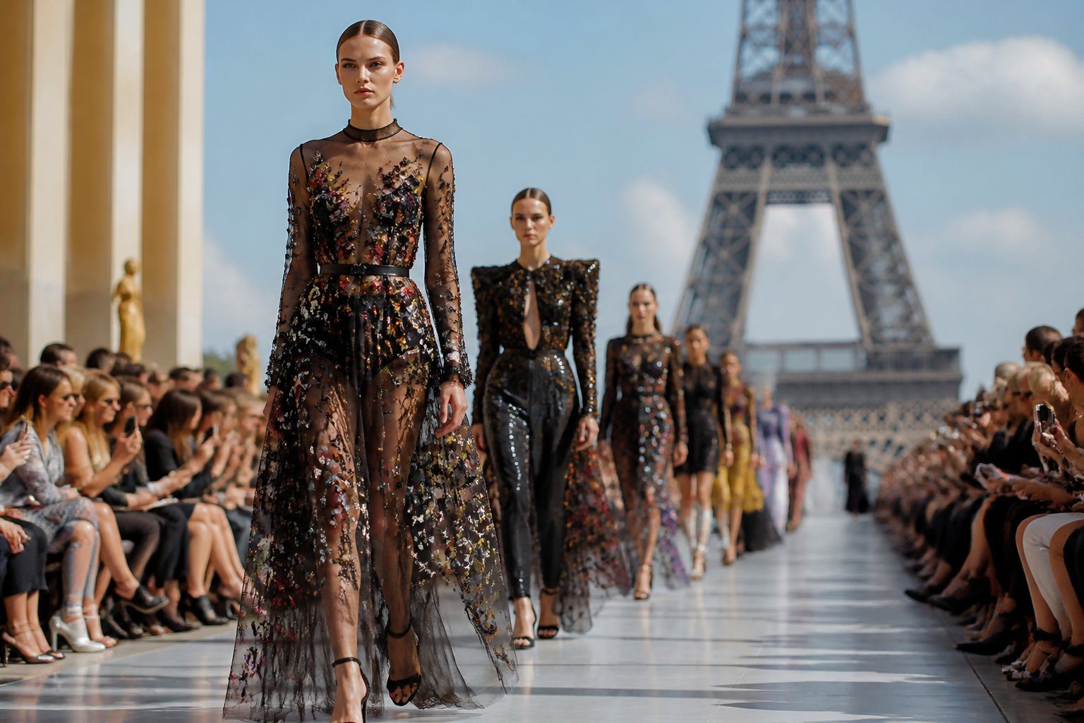 Modelos desfilando em uma passarela ao ar livre com a Torre Eiffel ao fundo e uma plateia elegante assistindo ao evento.