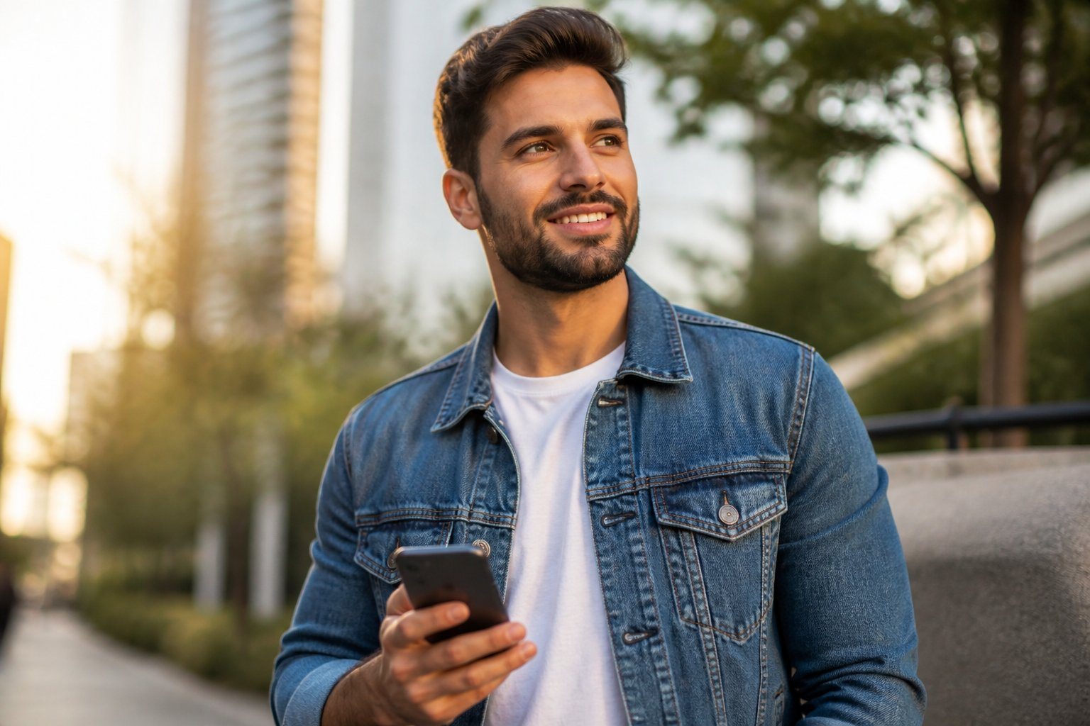 Homem jovem segurando um smartphone em ambiente urbano ao ar livre, com expressão amigável.
