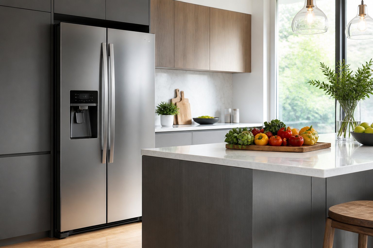 Cozinha moderna com geladeira side by side da LG em aço inox, bancada com frutas frescas e iluminação natural.