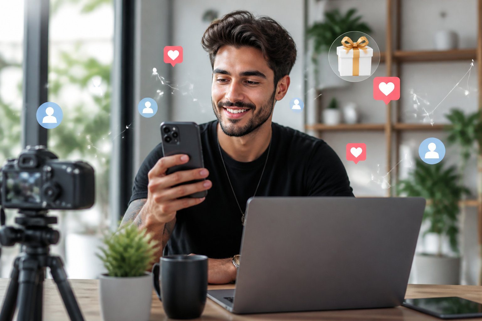 Homem jovem usando smartphone e laptop em ambiente moderno, simbolizando interação com redes sociais e sorteios.