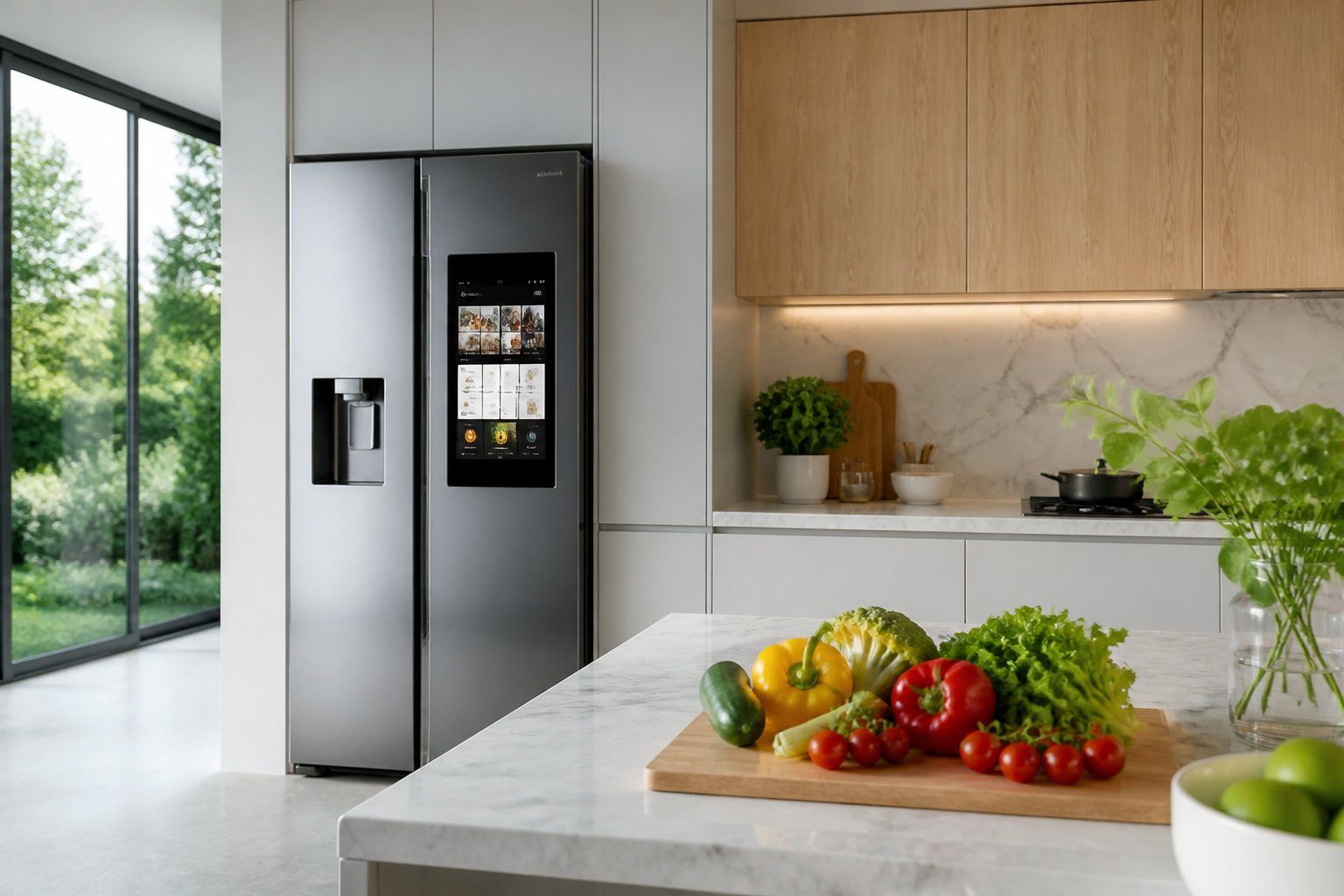 Cozinha moderna com geladeira LG side by side em aço inox, bancada com frutas e iluminação natural.