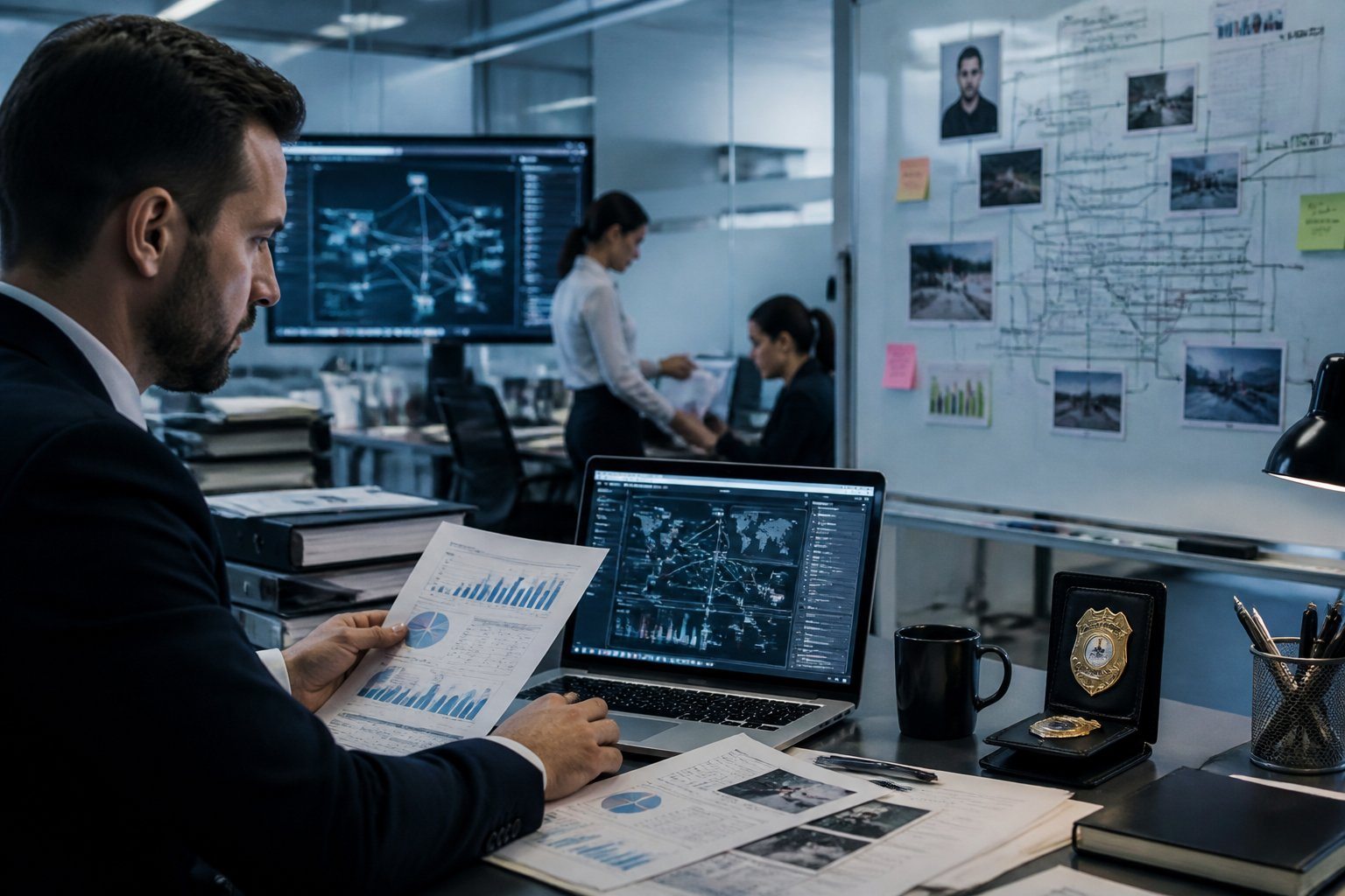 Cena de uma investigação policial em um escritório moderno, com um investigador analisando documentos e evidências digitais relacionadas a lavagem de dinheiro.