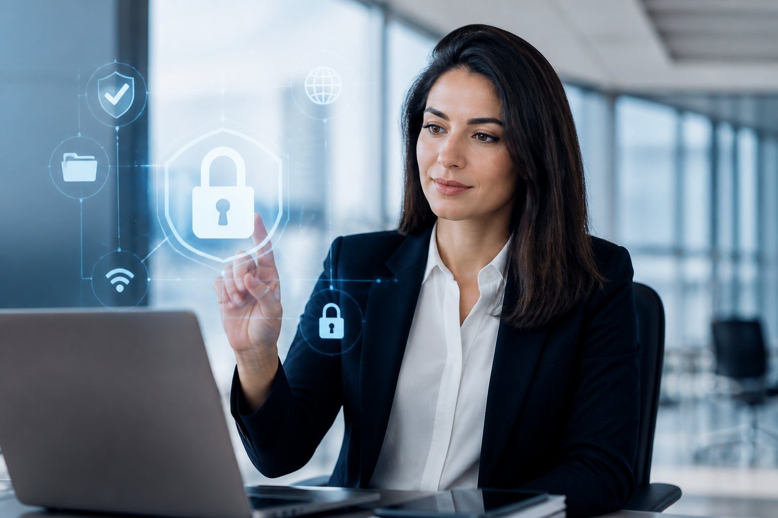 Mulher sentada em escritório moderno olhando para uma interface digital transparente com ícones de privacidade.