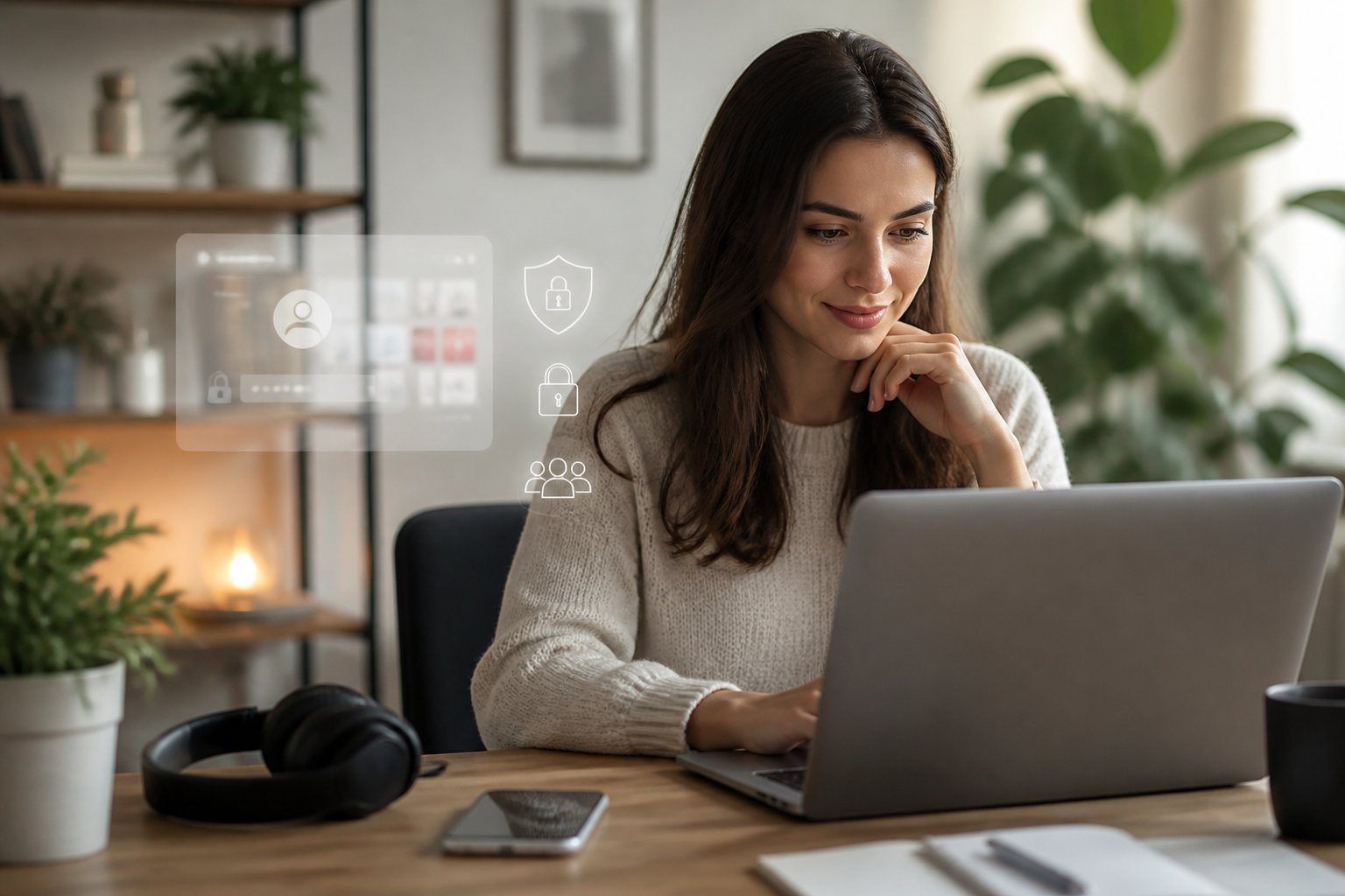 Mulher jovem usando laptop em escritório doméstico, focada em trabalho digital relacionado à privacidade e conteúdo exclusivo.