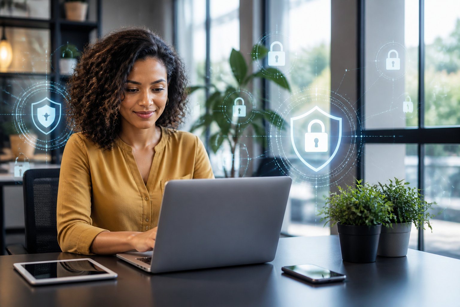 Mulher trabalhando em um escritório moderno com elementos digitais que representam segurança e privacidade.