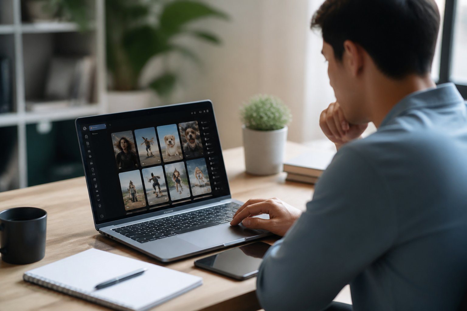Pessoa jovem usando laptop em uma mesa de trabalho moderna, interagindo com conteúdo digital em um ambiente de escritório.
