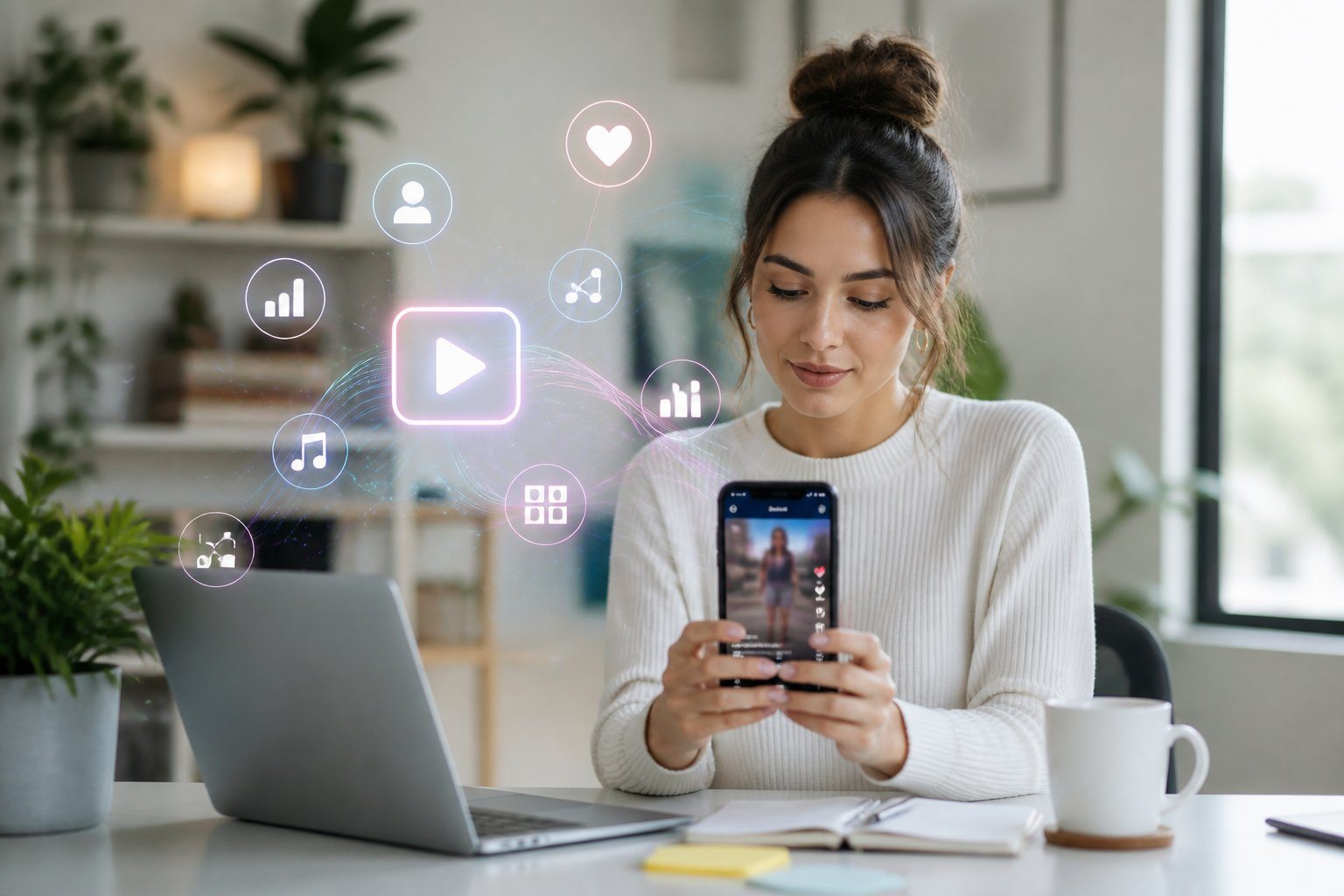Mulher jovem sentada em uma mesa moderna, usando um smartphone para navegar em um aplicativo de redes sociais, em um ambiente interno iluminado e organizado.