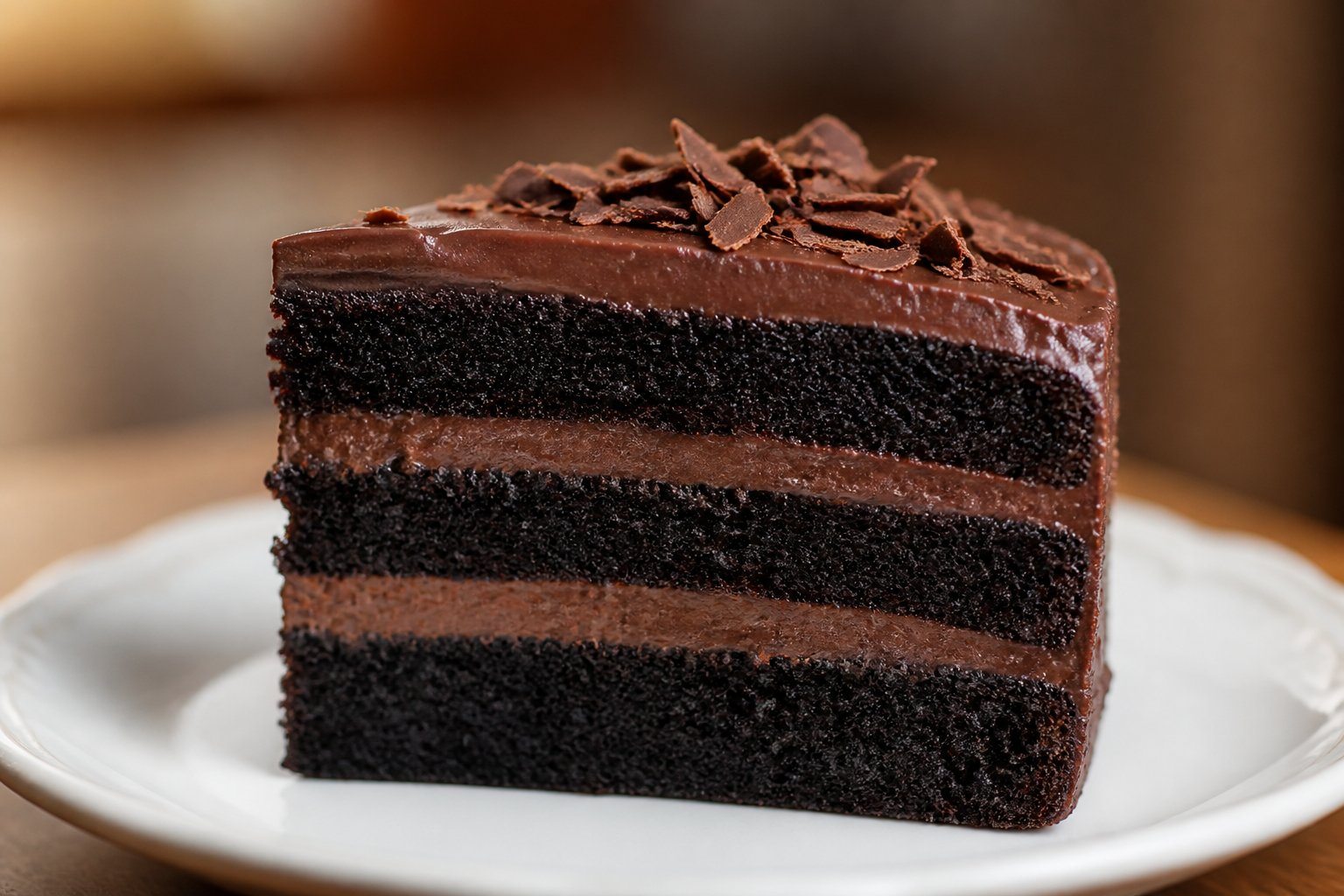 Uma fatia de bolo negro com camadas de chocolate e cobertura cremosa sobre um prato branco.