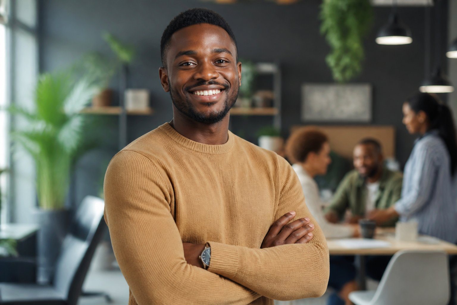 Homem negro sorridente em um ambiente moderno de escritório, transmitindo confiança e profissionalismo.