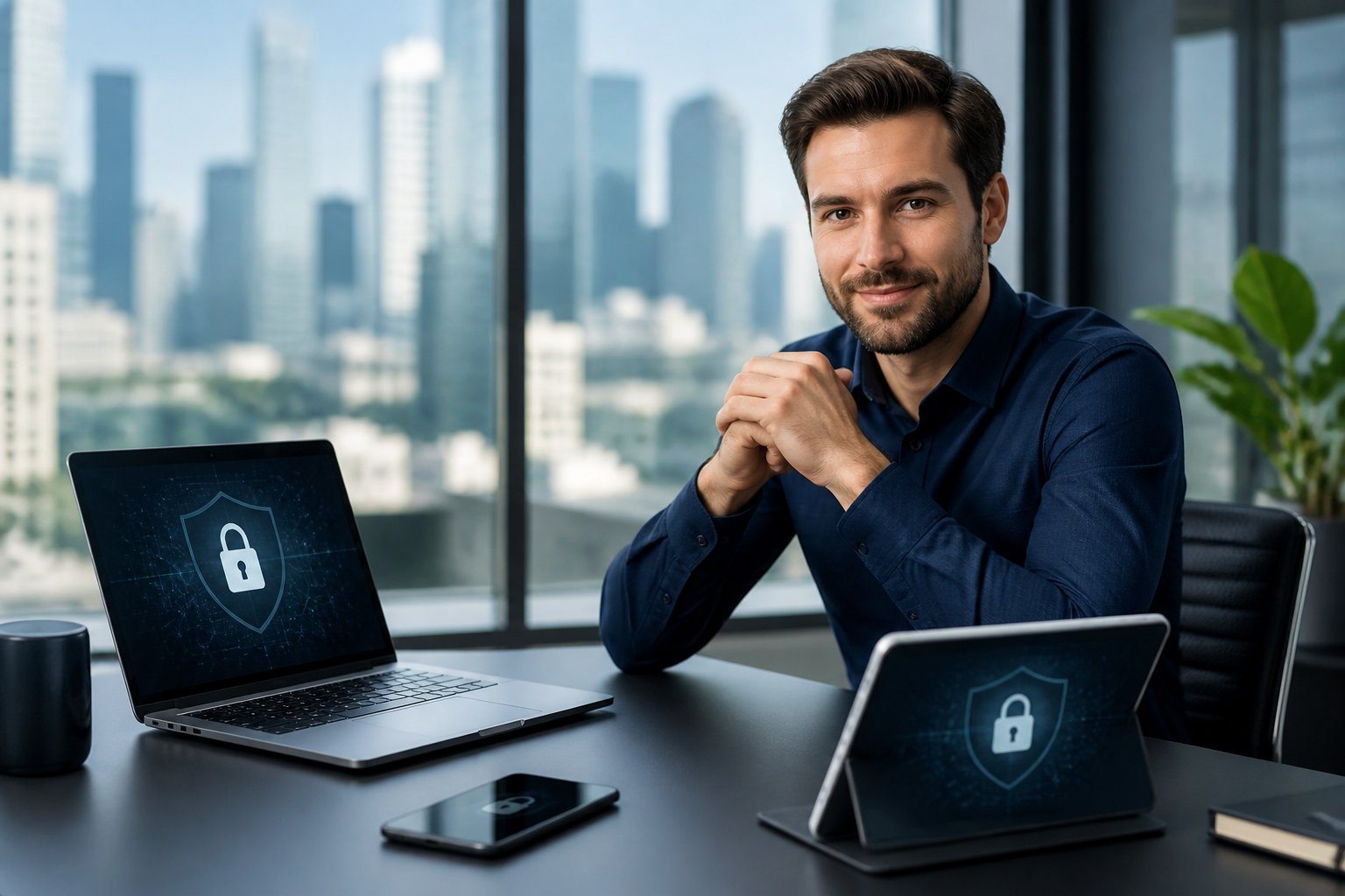 Homem adulto em escritório moderno usando laptop e smartphone, com ícones digitais de privacidade na tela.