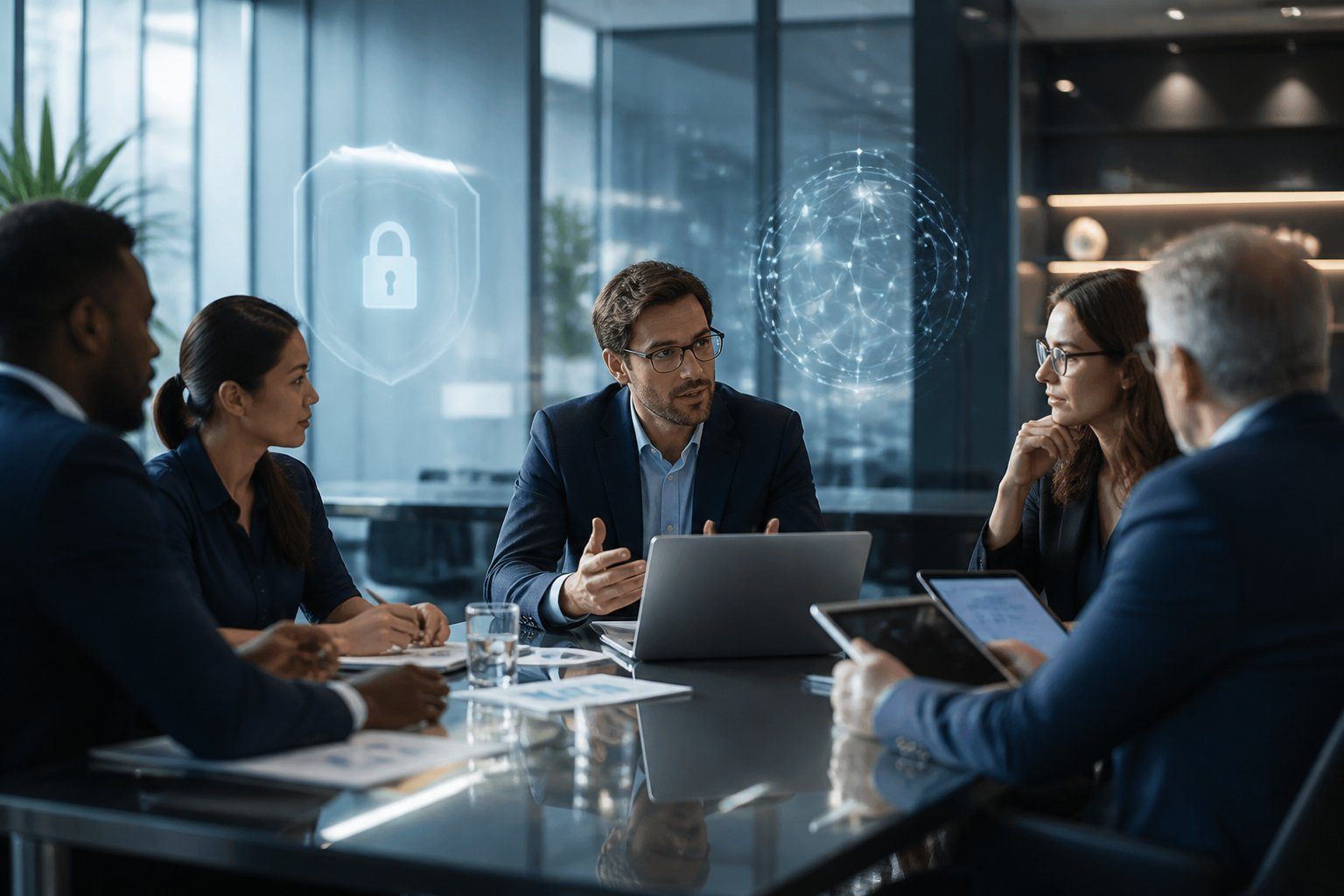 Profissionais de negócios reunidos em uma sala de conferências moderna, discutindo estratégias em um ambiente de escritório com tecnologia e privacidade.
