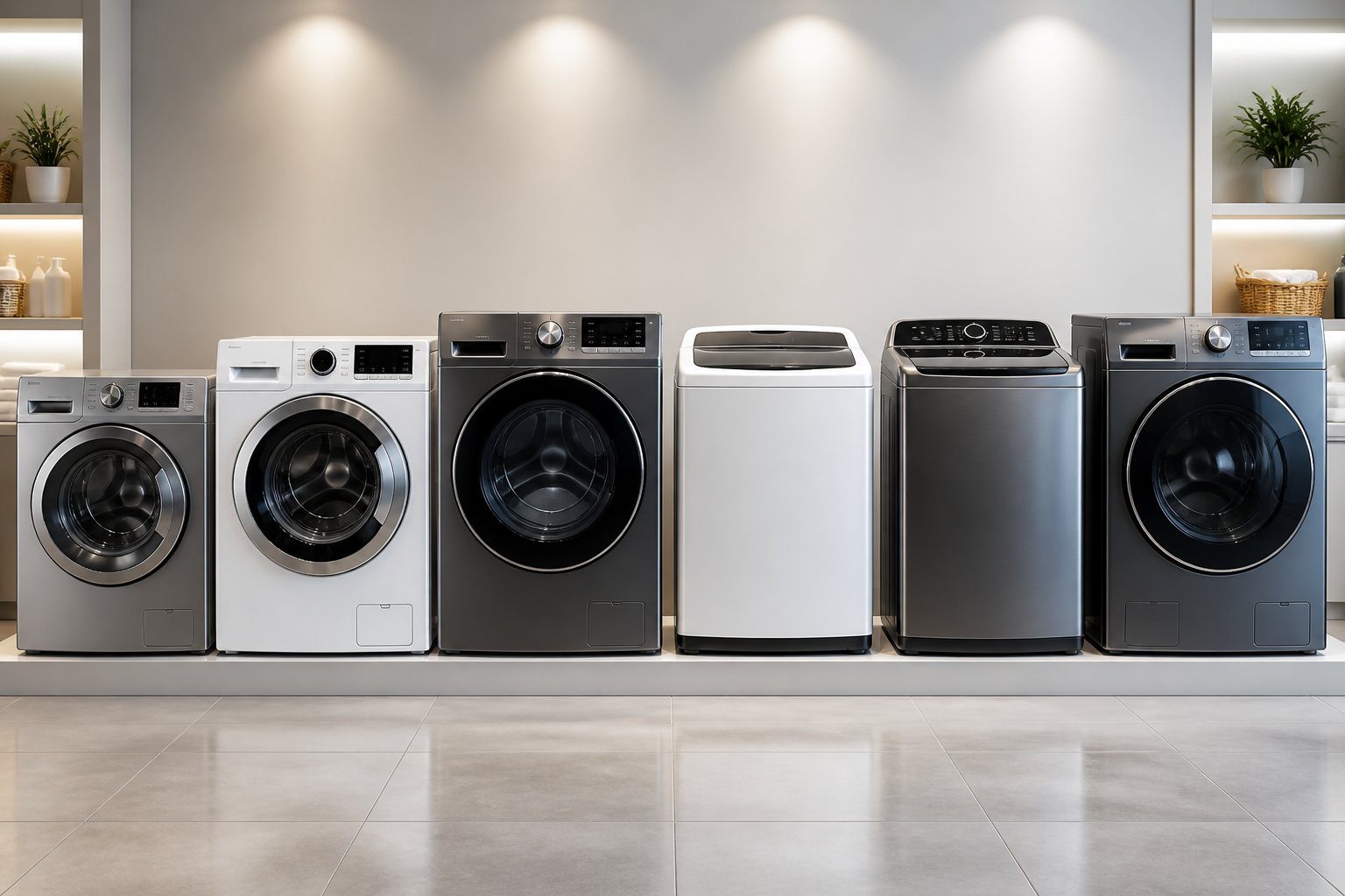 Várias máquinas de lavar de diferentes tamanhos e tipos dispostas lado a lado em uma loja moderna e bem iluminada.
