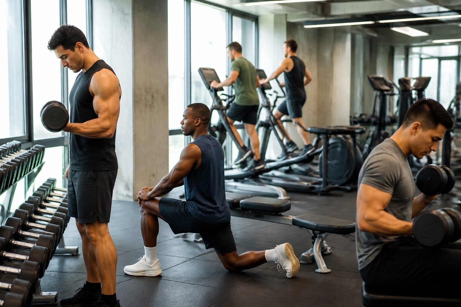 Grupo de homens em uma academia moderna praticando exercícios físicos, focados e respeitando a privacidade uns dos outros.