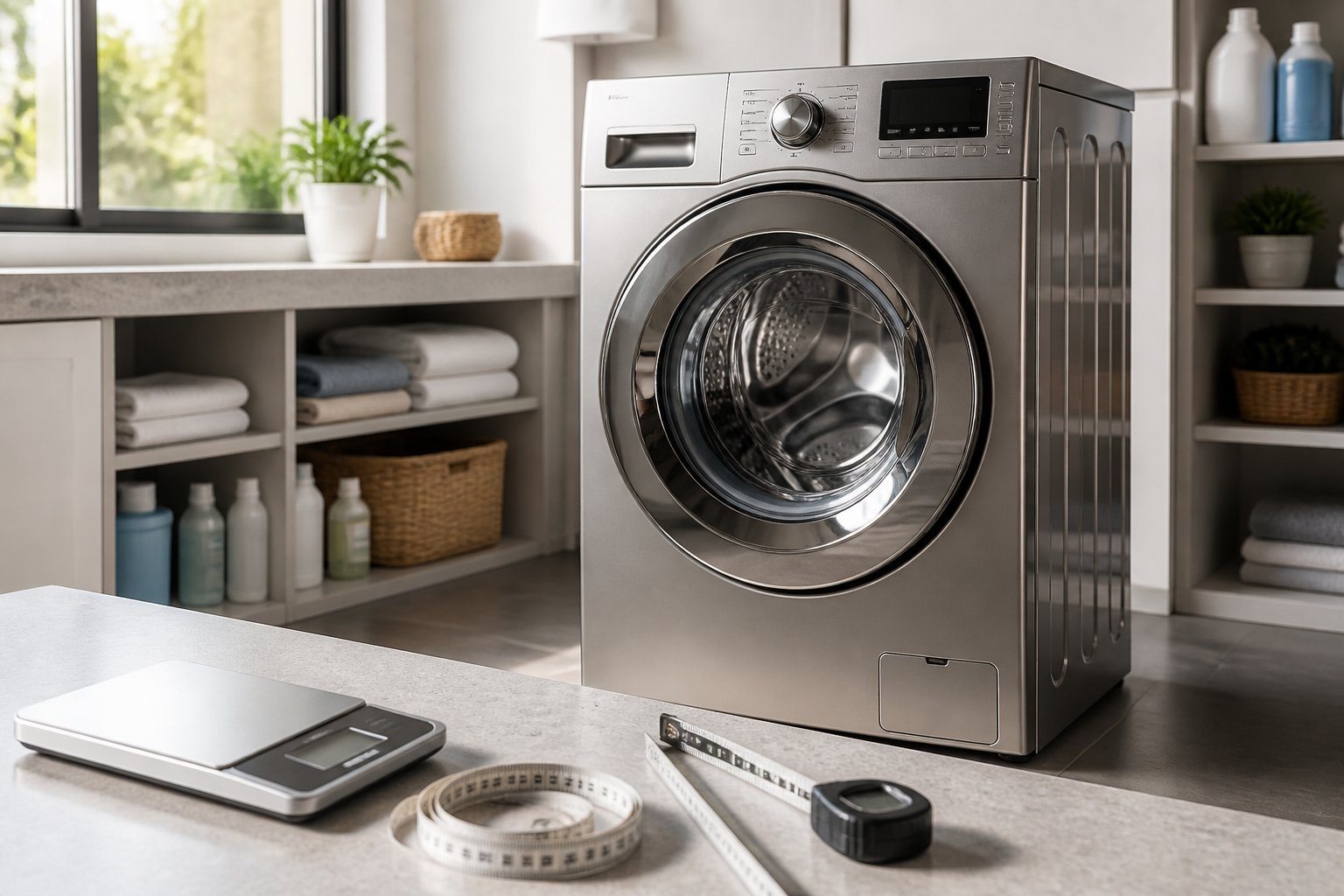 Máquina de lavar moderna em uma lavanderia organizada, com balança digital e fita métrica ao lado.