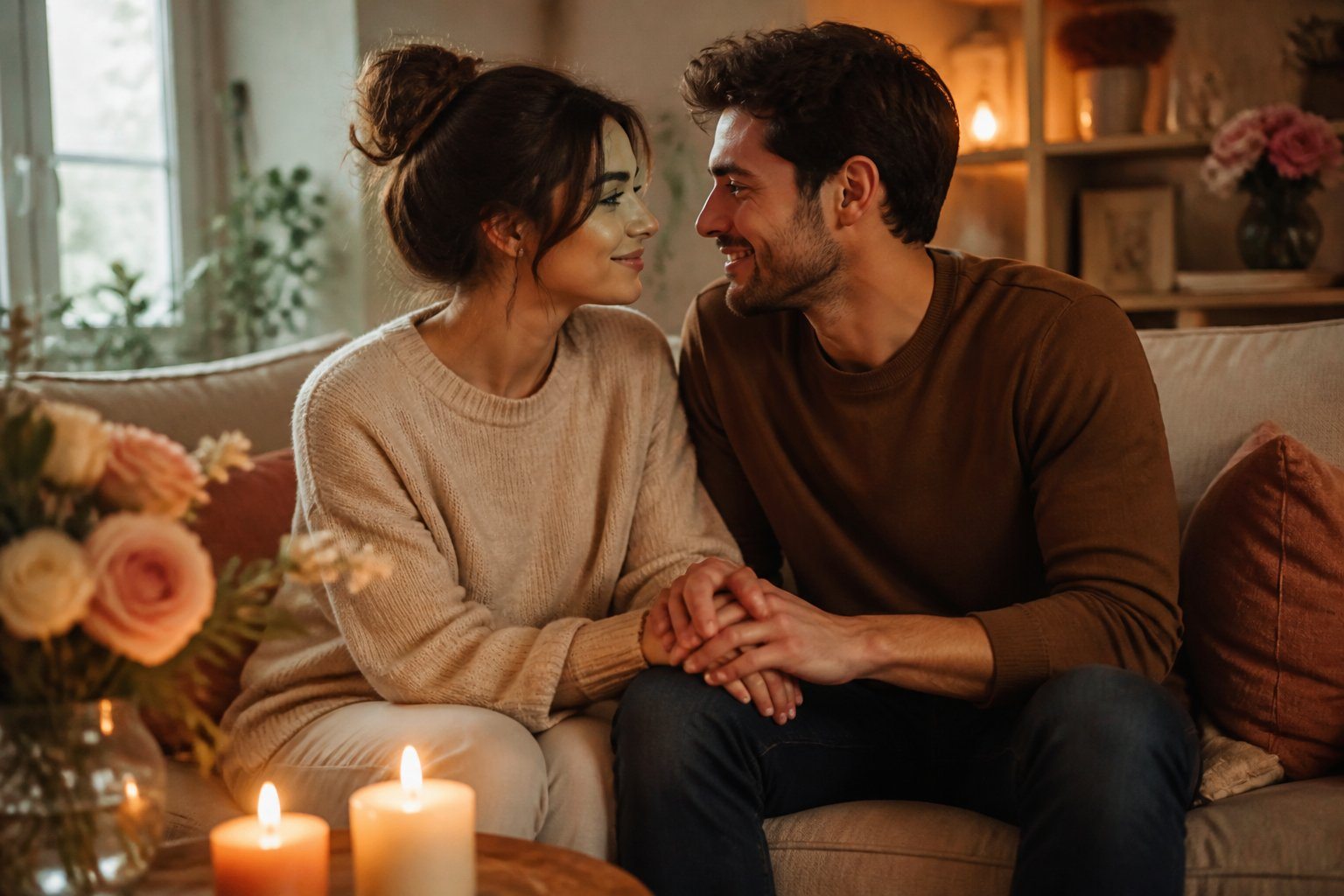 Casal sentado junto em um sofá, segurando as mãos e sorrindo um para o outro em um ambiente acolhedor e iluminado.