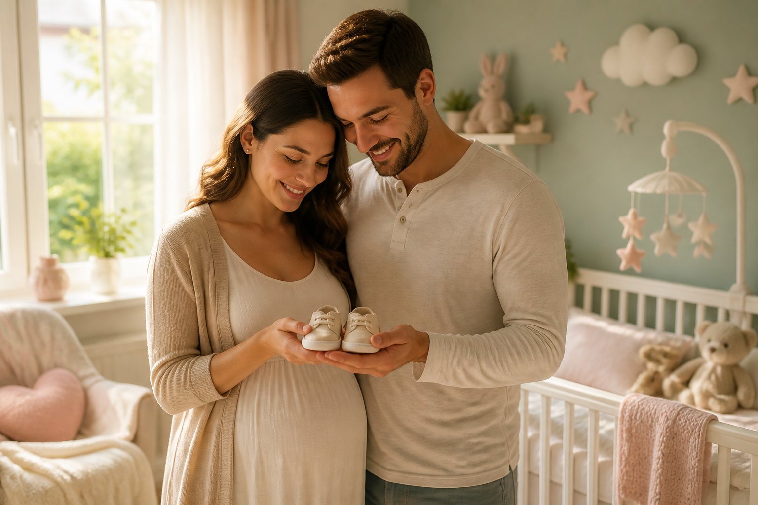 Casal feliz segurando sapatinhos de bebê em um quarto de bebê acolhedor e iluminado pela luz natural.