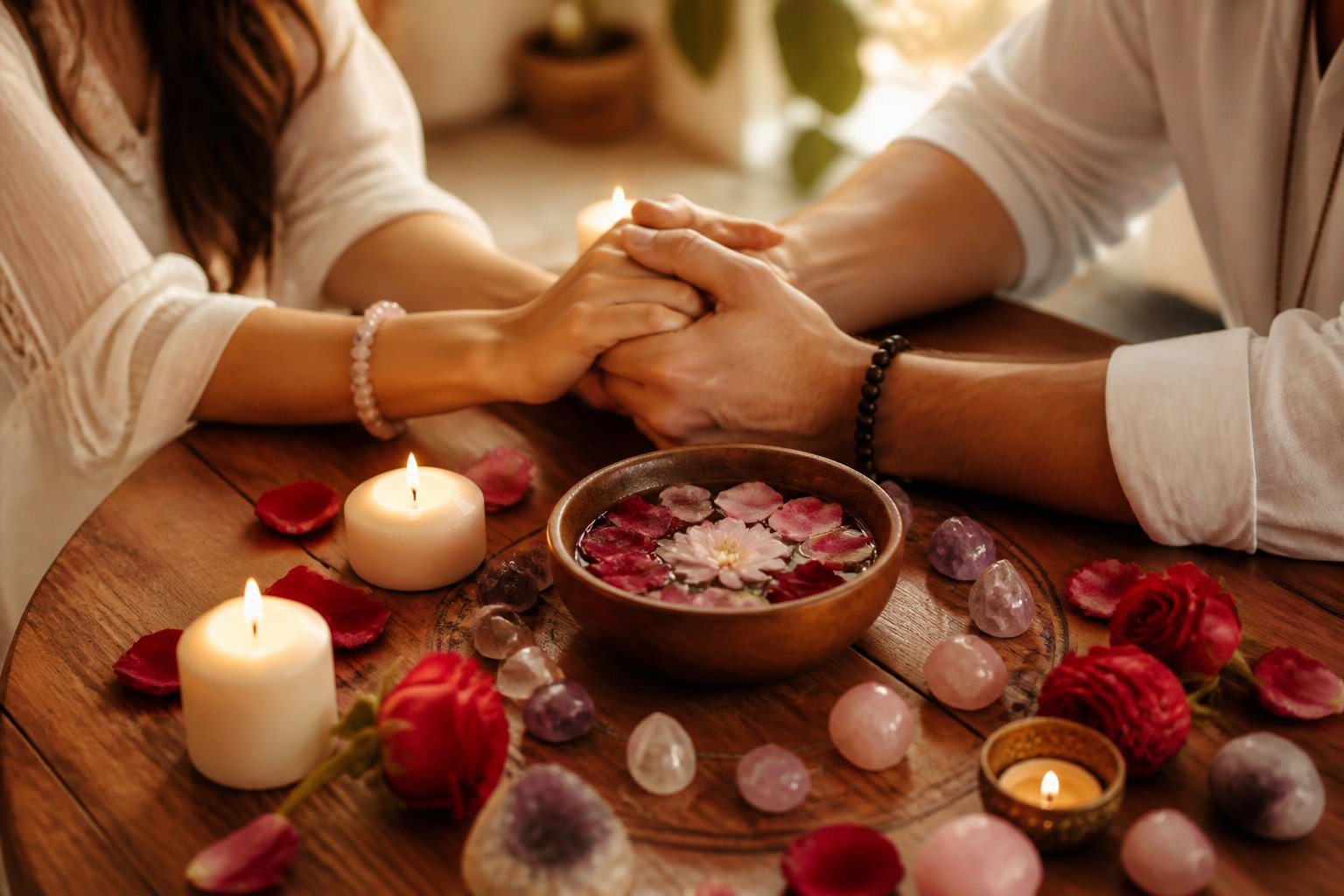 Casal segurando as mãos sobre uma mesa com velas, pétalas de rosa e cristais, simbolizando união e amor.