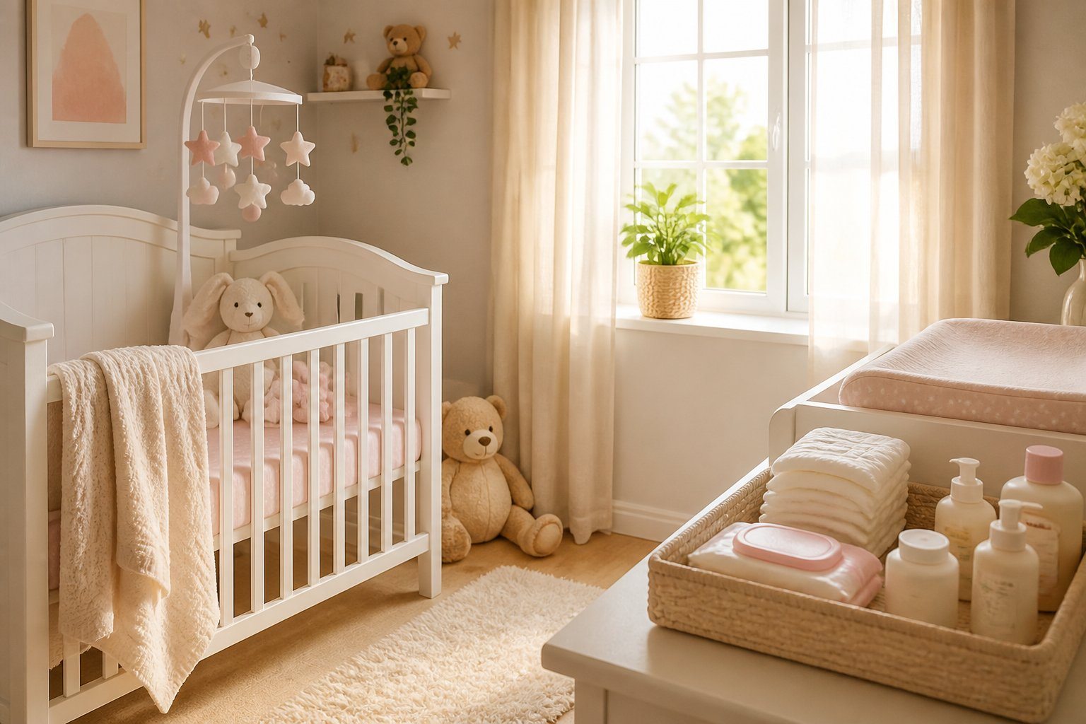 Quarto de bebê arrumado com berço, brinquedos e itens de cuidado, iluminado por luz natural suave.