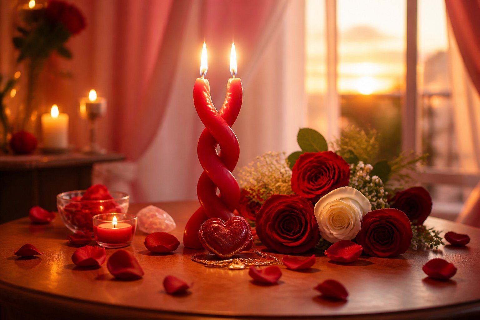 Mesa com velas vermelhas entrelaçadas, pétalas de rosa e flores em um ambiente aconchegante com luz suave ao fundo.