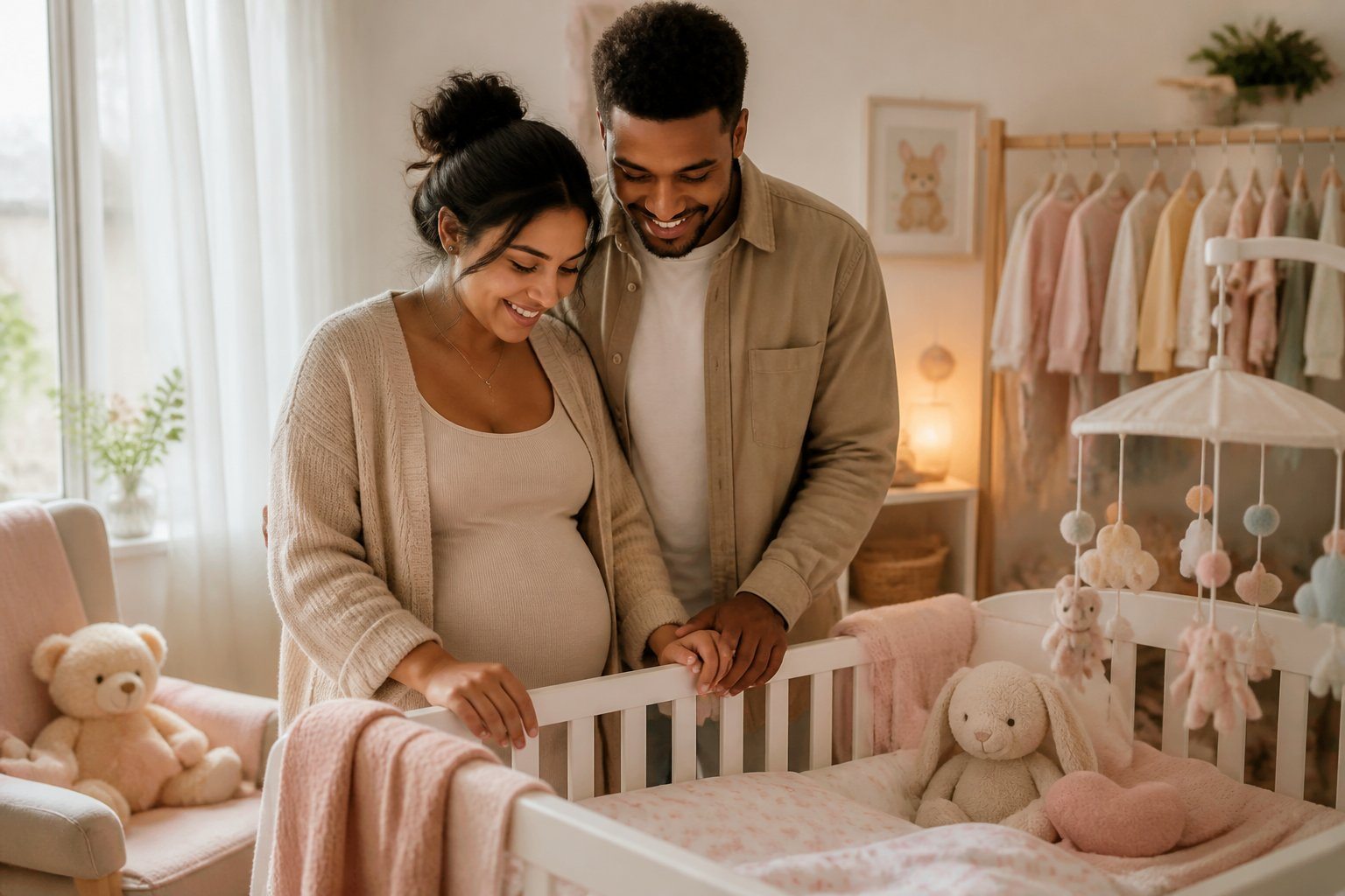Casal jovem sorrindo e tocando um berço decorado em um quarto de bebê aconchegante, com brinquedos e roupas de bebê ao redor.