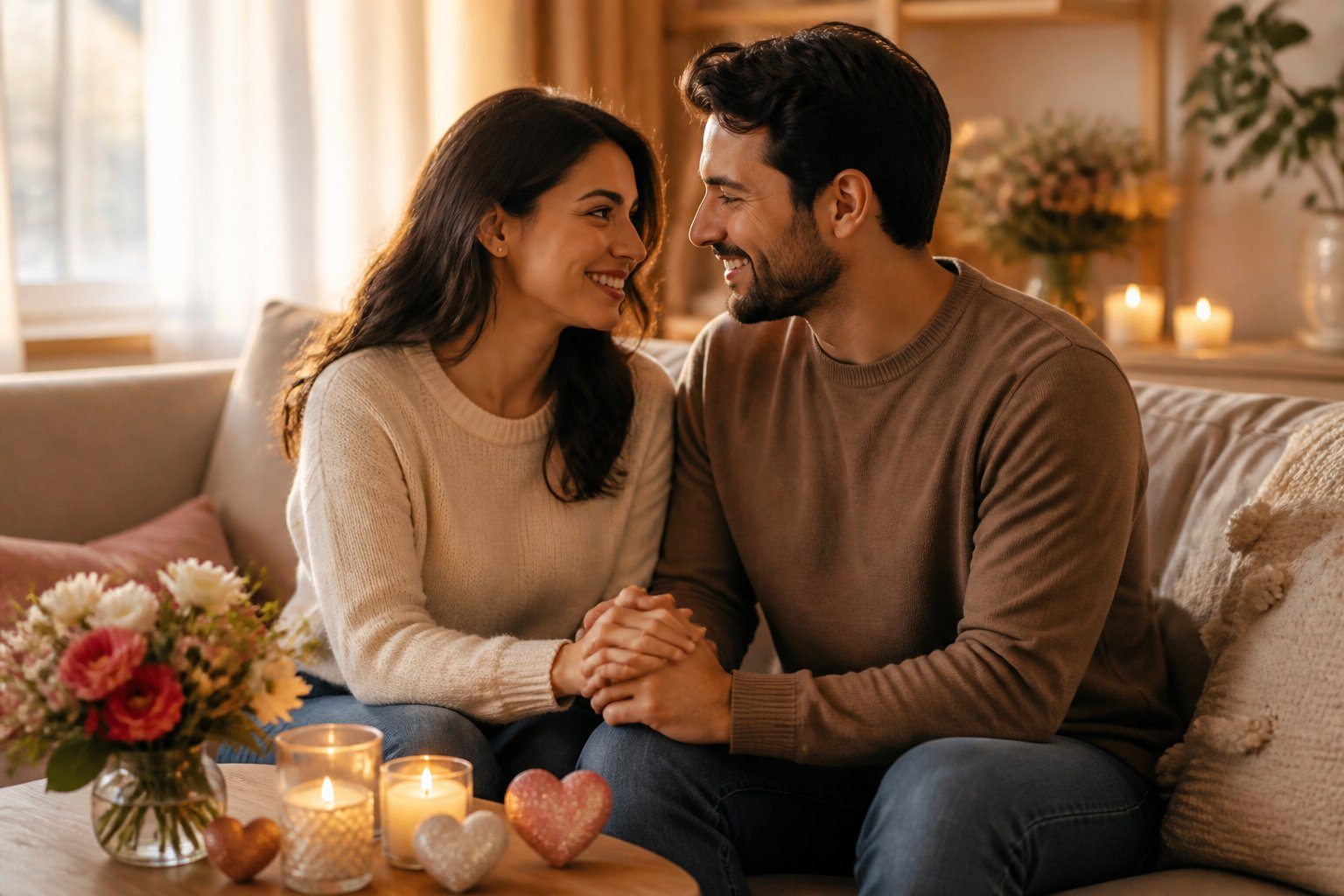 Casal feliz segurando as mãos em uma sala aconchegante, com velas acesas e flores sobre uma mesa ao lado.