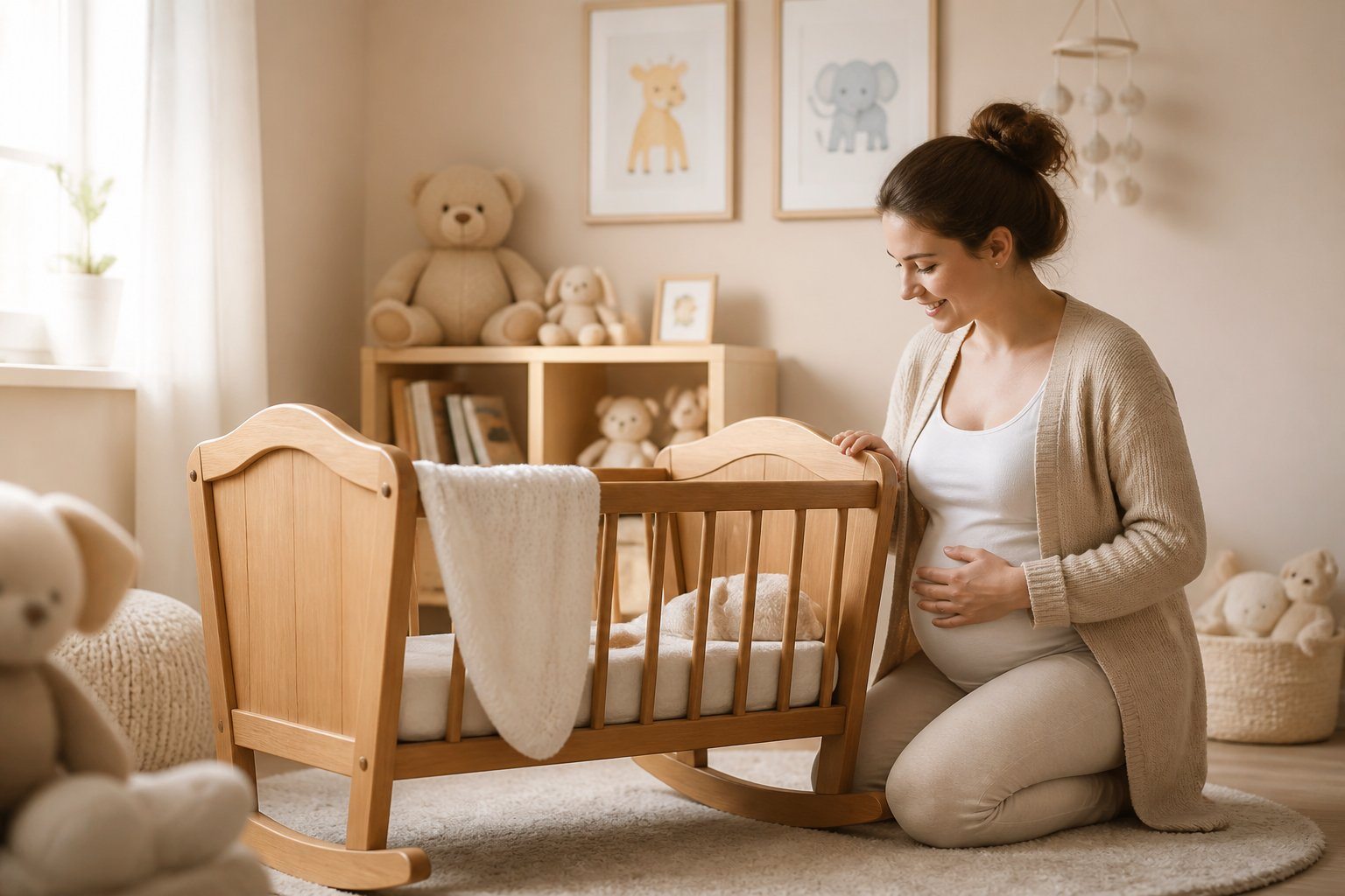 Quarto de bebê acolhedor com um berço de madeira, brinquedos e um adulto tocando o berço com carinho.