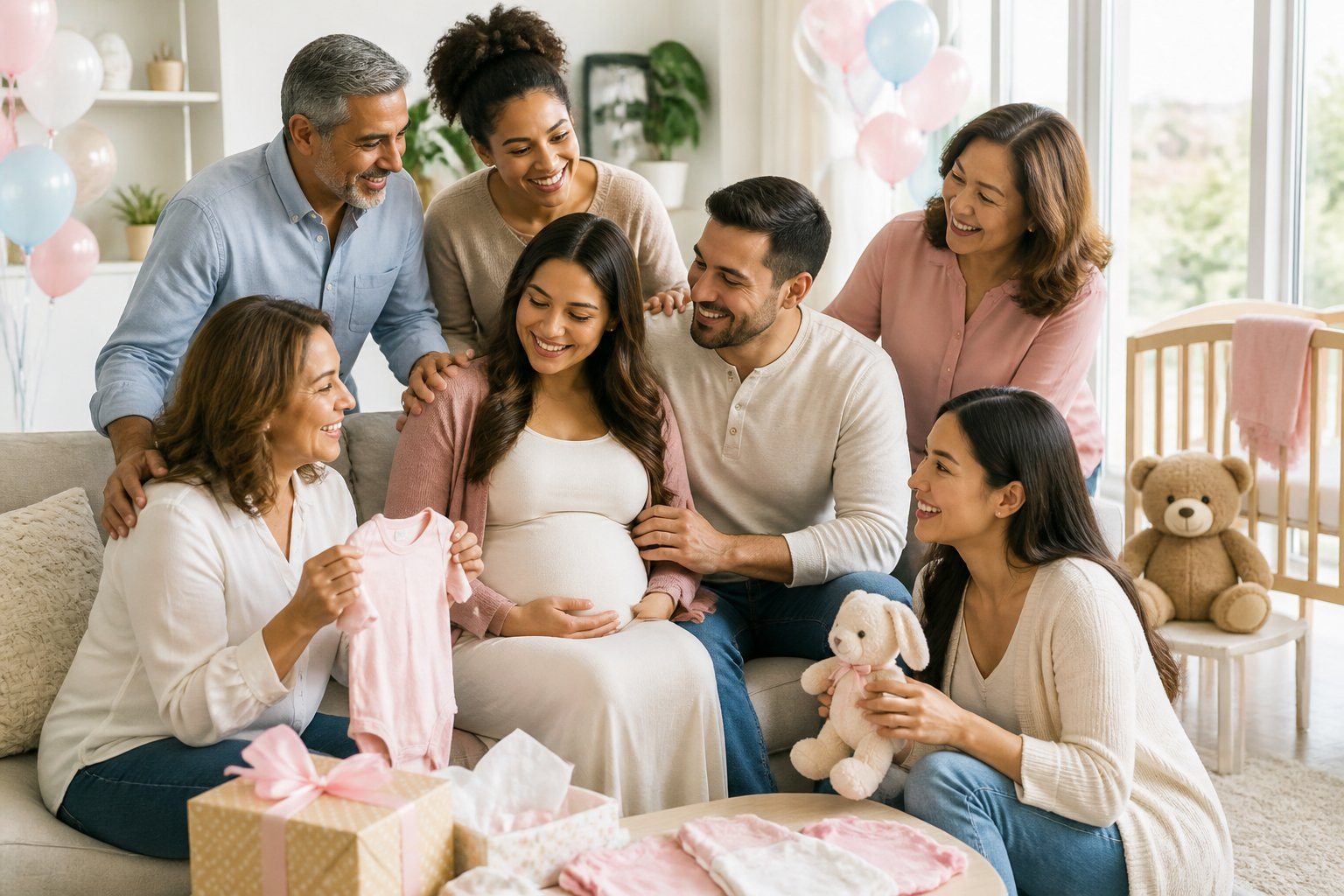 Família sorridente celebrando a chegada de um bebê em uma sala iluminada e decorada com itens de bebê.