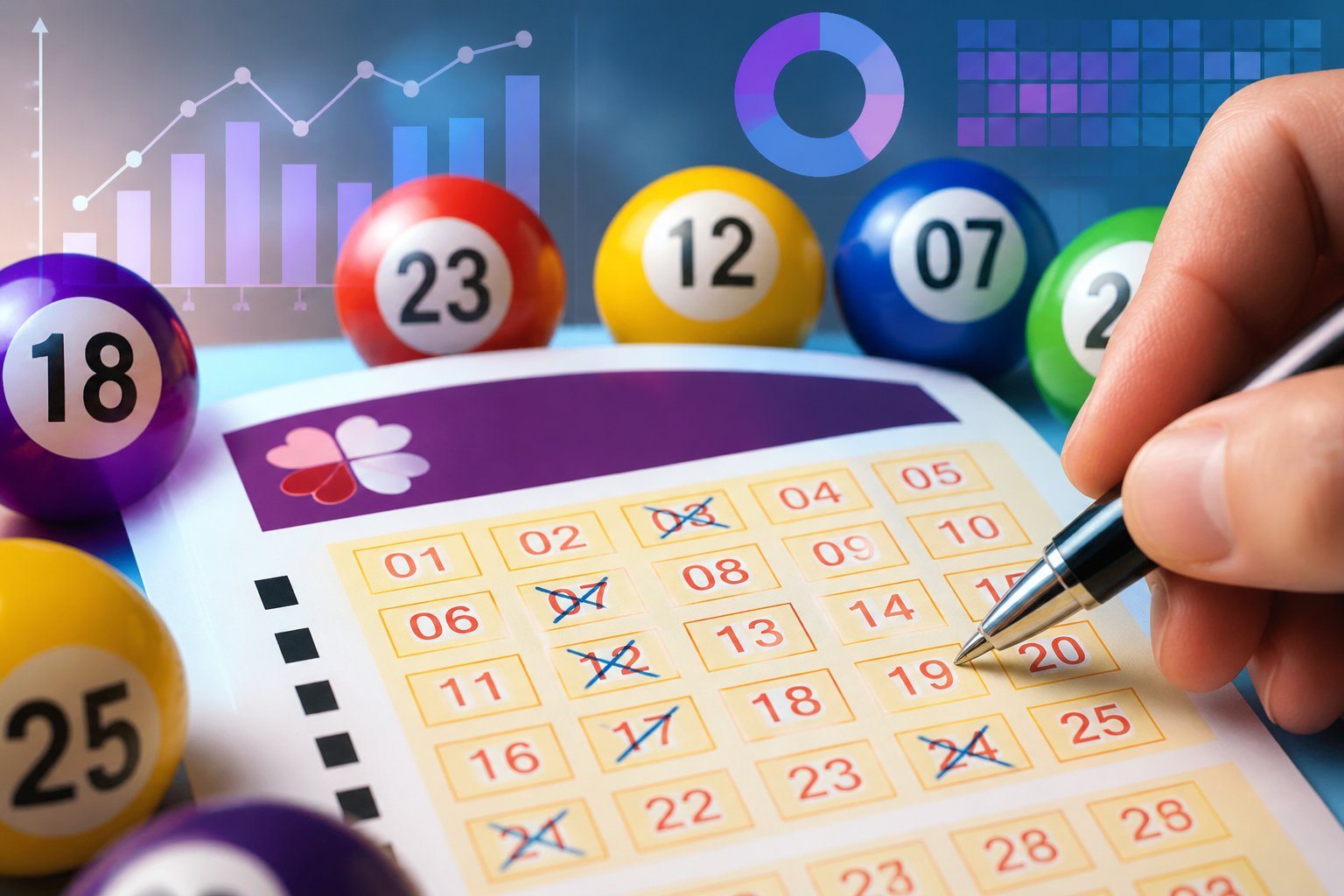 Bilhete de loteria com números destacados, bolas de loteria coloridas ao redor e gráficos sutis ao fundo representando frequência de números.