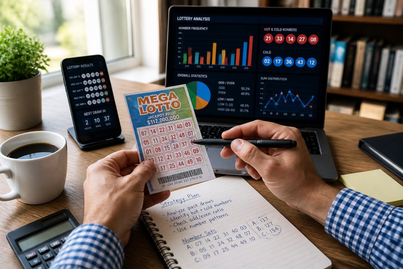 Pessoa analisando um bilhete de loteria com números, laptop com gráficos, caderno de anotações e caneca em uma mesa.